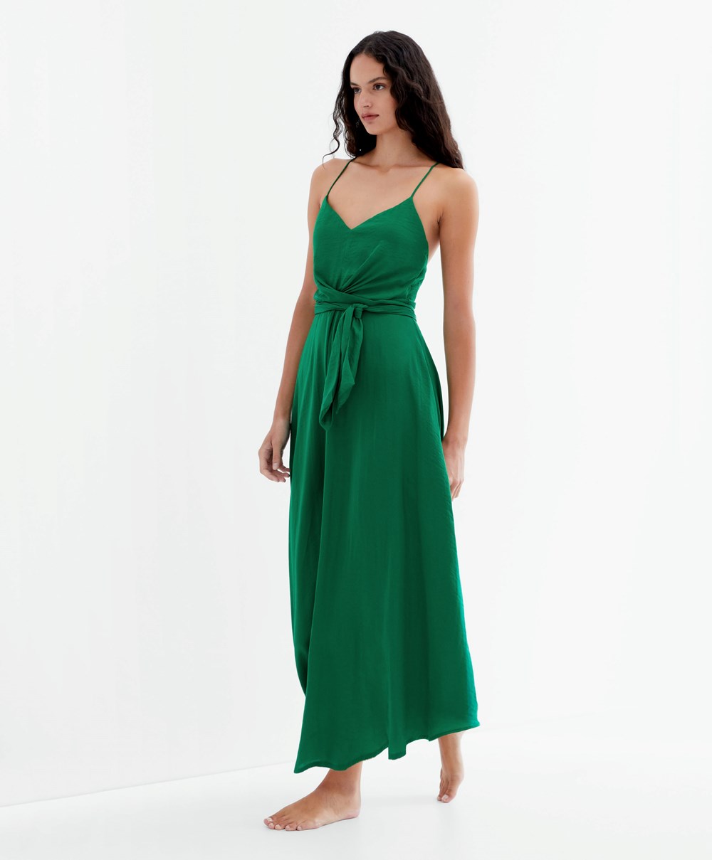 Oysho Satin strappy Midi φορεμα βαθυ πρασινο | QAZLJR-501