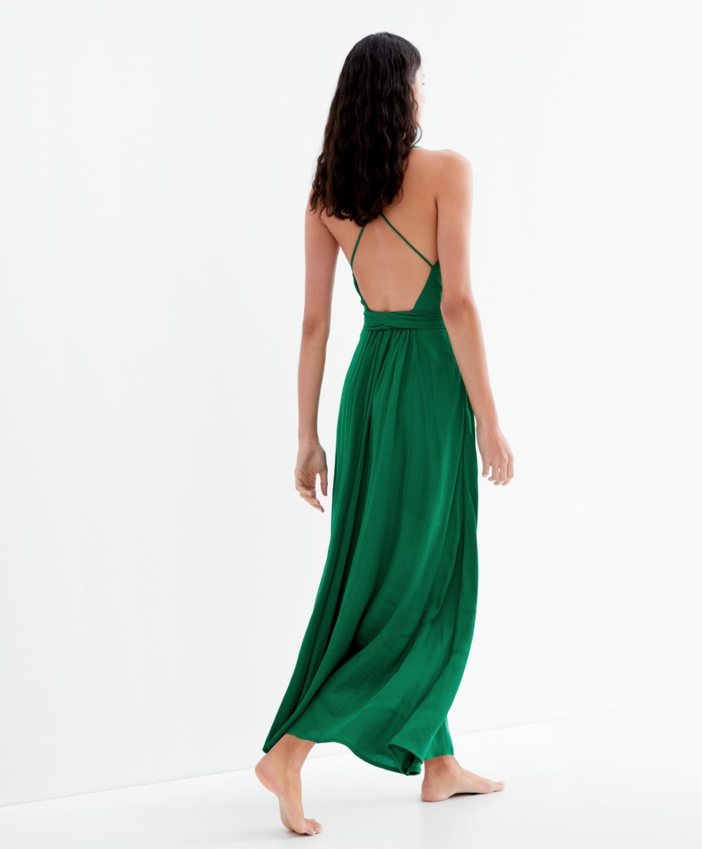 Oysho Satin strappy Midi φορεμα βαθυ πρασινο | QAZLJR-501