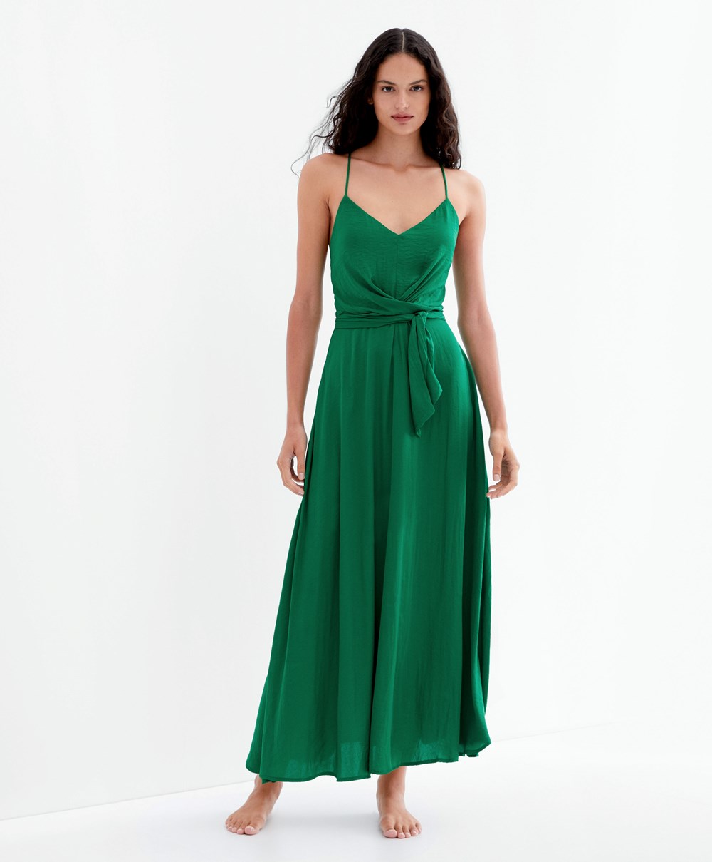 Oysho Satin strappy Midi φορεμα βαθυ πρασινο | QAZLJR-501