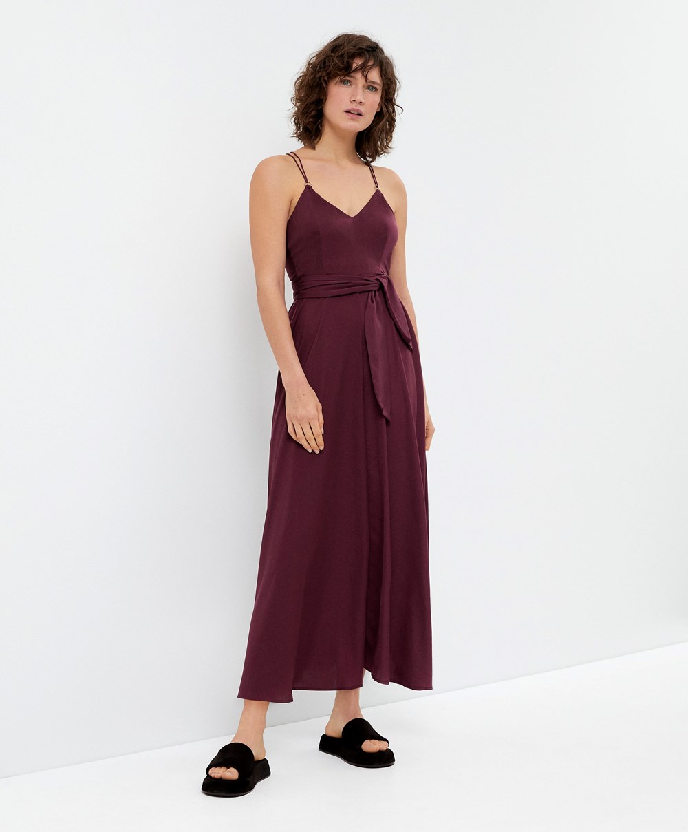 Oysho Satin strappy Midi φορεμα μπορντο | ADFJTU-931