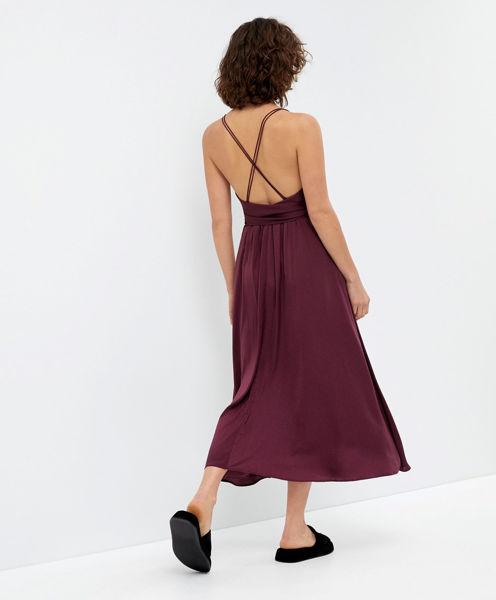 Oysho Satin strappy Midi φορεμα μπορντο | ADFJTU-931