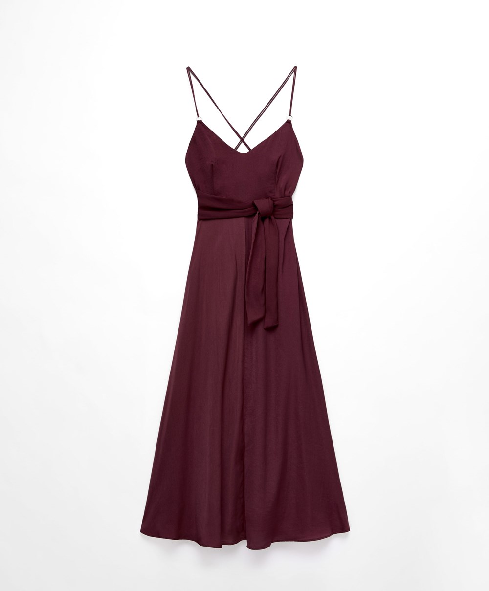 Oysho Satin strappy Midi φορεμα μπορντο | ADFJTU-931