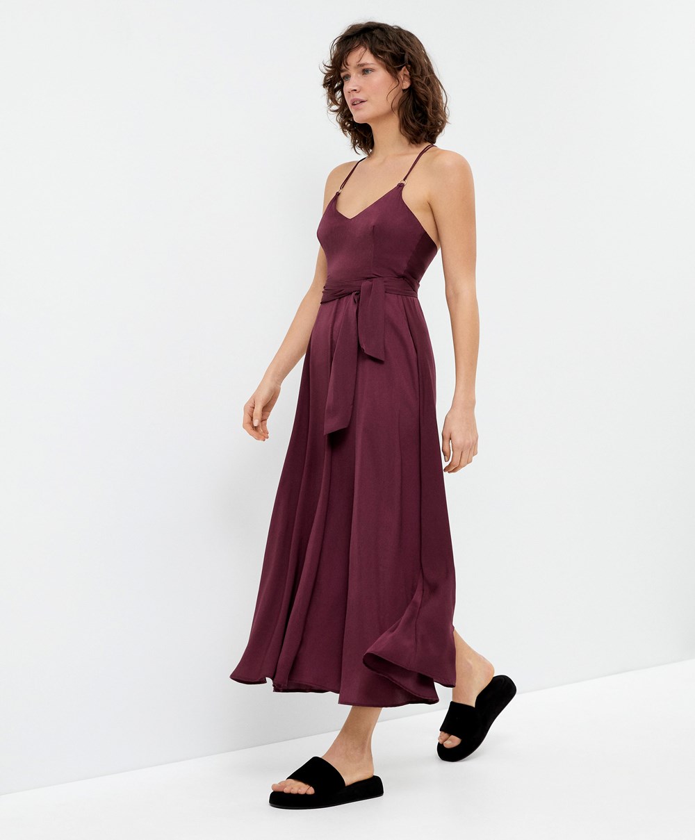 Oysho Satin strappy Midi φορεμα μπορντο | ADFJTU-931