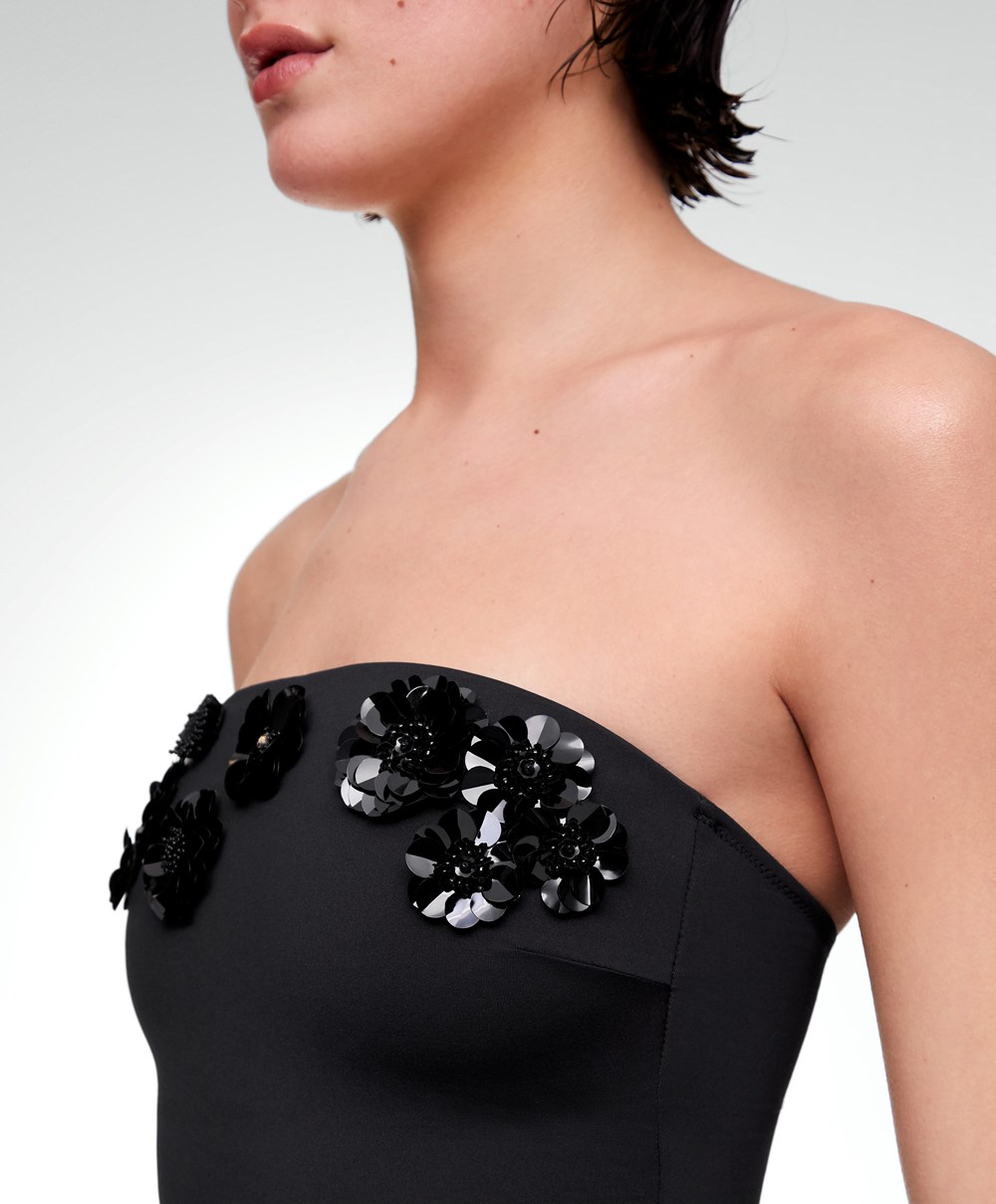 Oysho Sequinned Flowers Bandeau Swimsuit μαυρα | LUAQBK-845