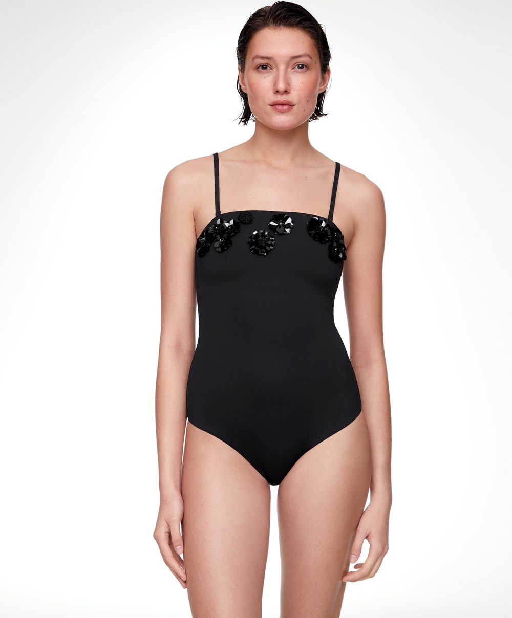 Oysho Sequinned Flowers Bandeau Swimsuit μαυρα | LUAQBK-845