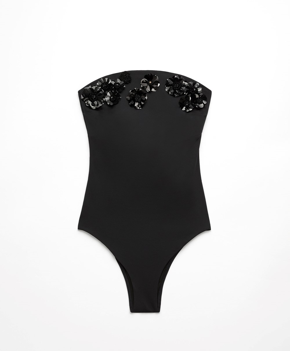 Oysho Sequinned Flowers Bandeau Swimsuit μαυρα | LUAQBK-845