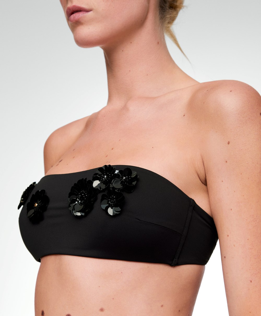 Oysho Sequinned Flowers Bandeau Μπικίνι Top μαυρα | ARVUCX-318