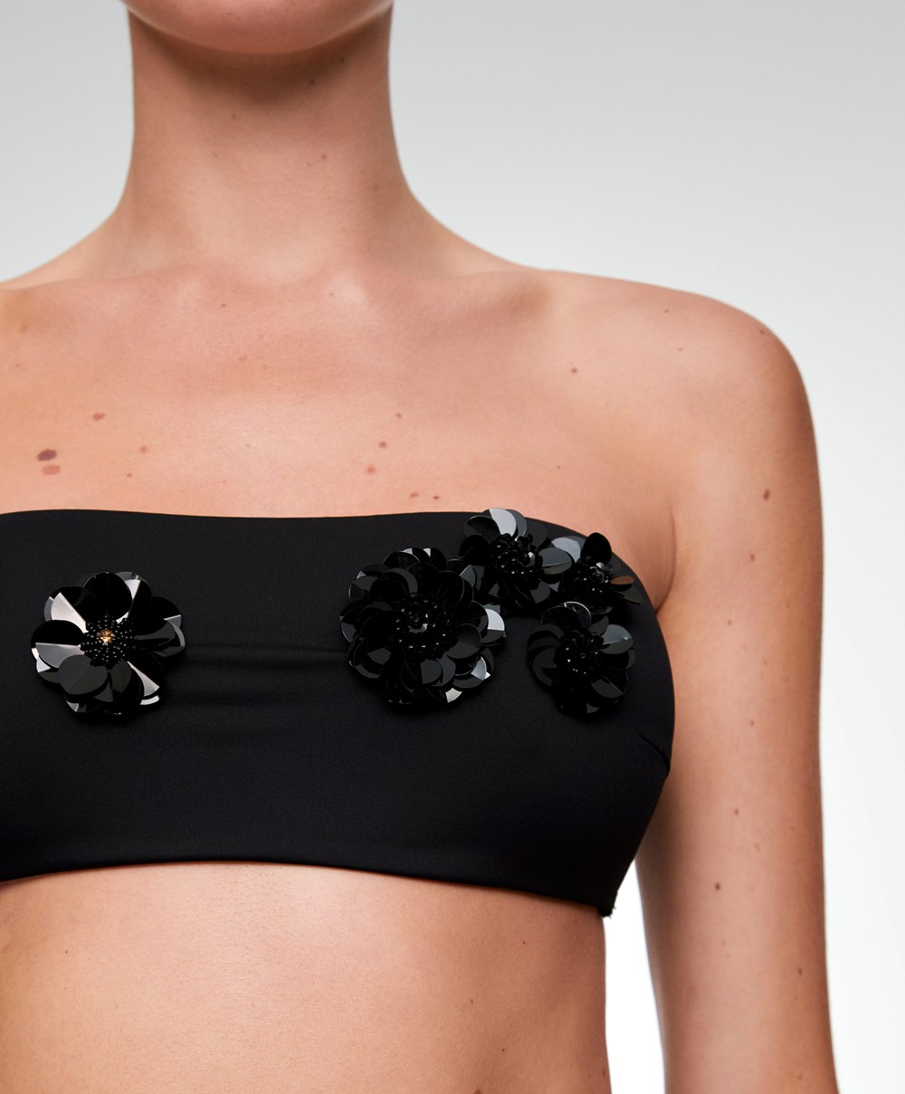 Oysho Sequinned Flowers Bandeau Μπικίνι Top μαυρα | ARVUCX-318