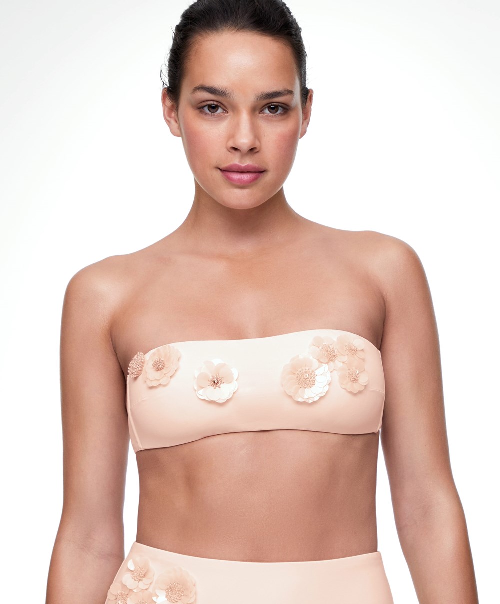 Oysho Sequinned Flowers Bandeau Μπικίνι Top Pink-ecru | GZNCES-758