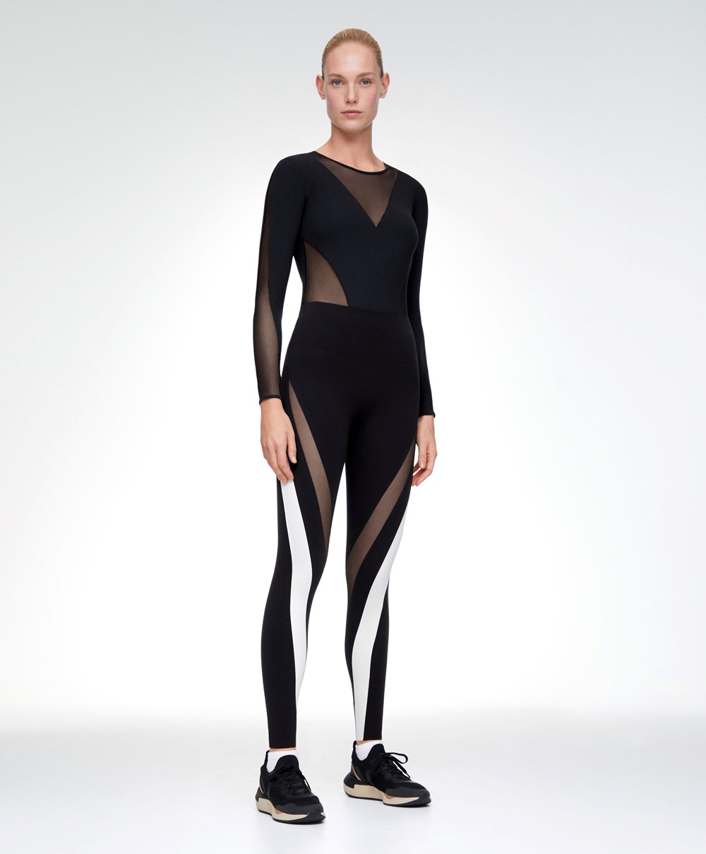 Oysho Sheer Panel Colour Block 65cm Compressive Leggings μαυρα | DHXJKF-934