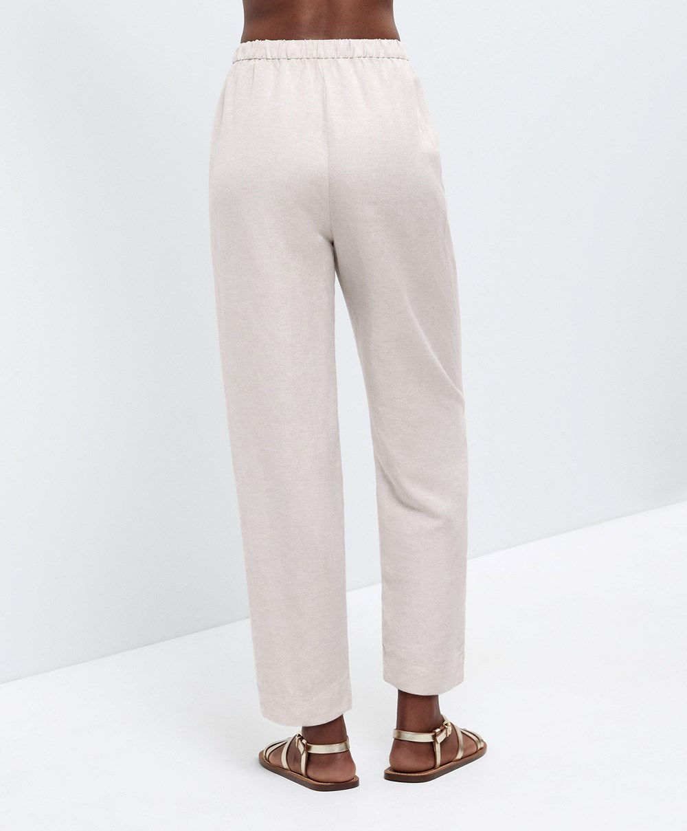 Oysho Slim Fit Linen Trousers Sand Melange | QPGKND-174