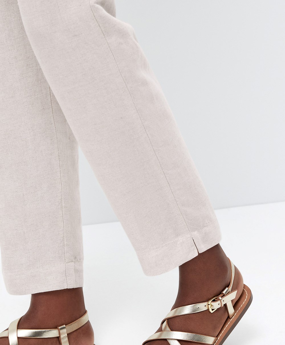 Oysho Slim Fit Linen Trousers Sand Melange | QPGKND-174