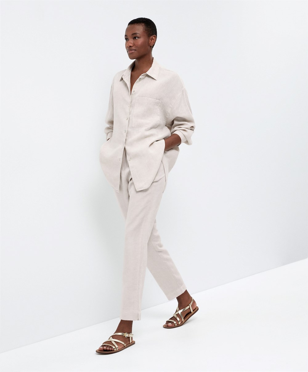 Oysho Slim Fit Linen Trousers Sand Melange | QPGKND-174