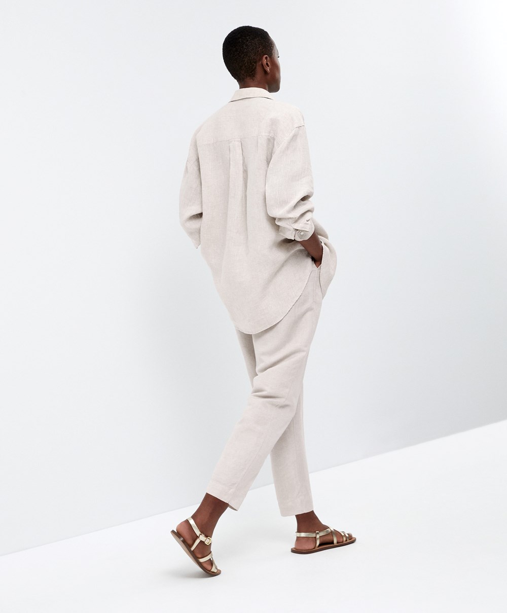 Oysho Slim Fit Linen Trousers Sand Melange | QPGKND-174