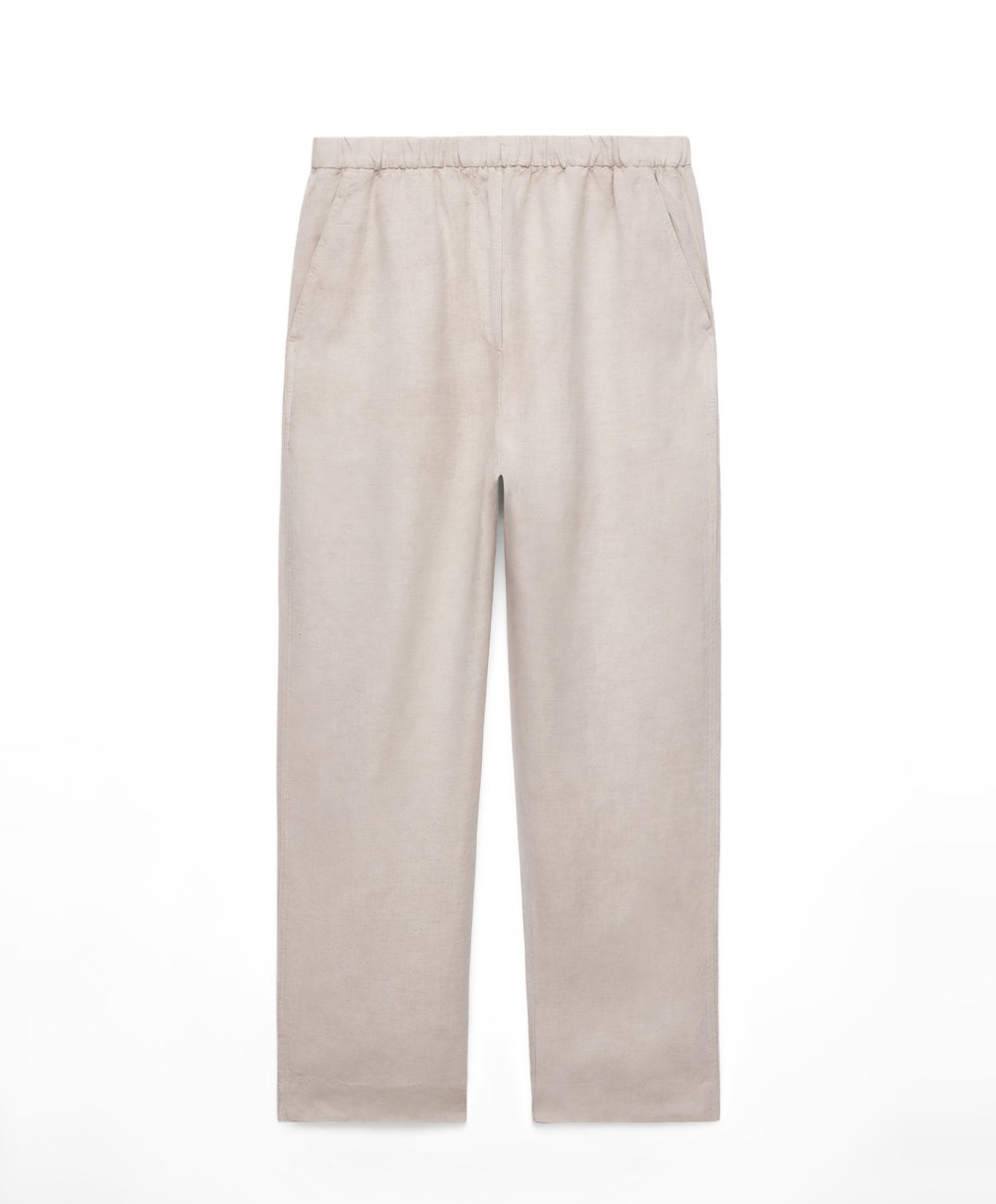 Oysho Slim Fit Linen Trousers Sand Melange | QPGKND-174