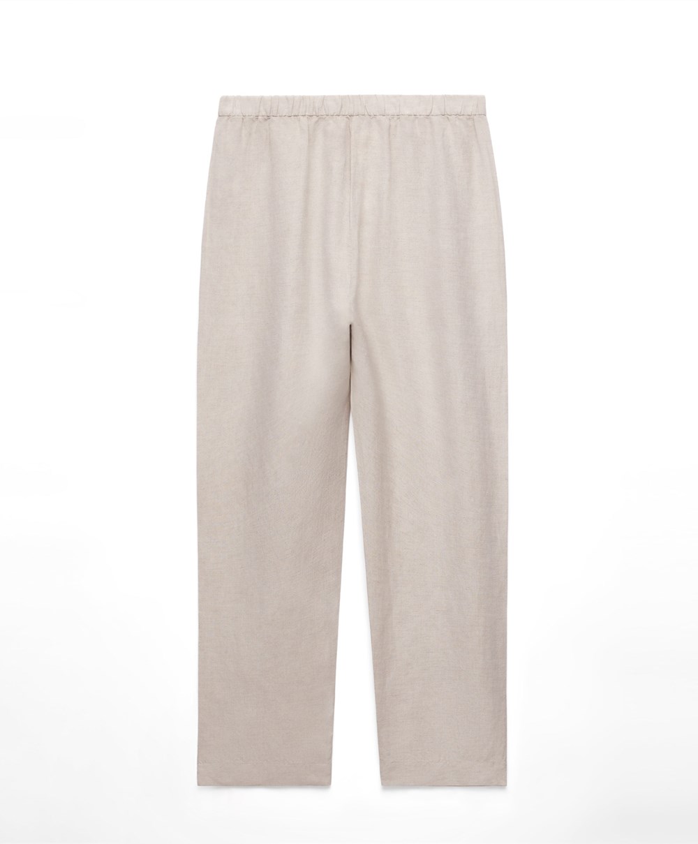 Oysho Slim Fit Linen Trousers Sand Melange | QPGKND-174