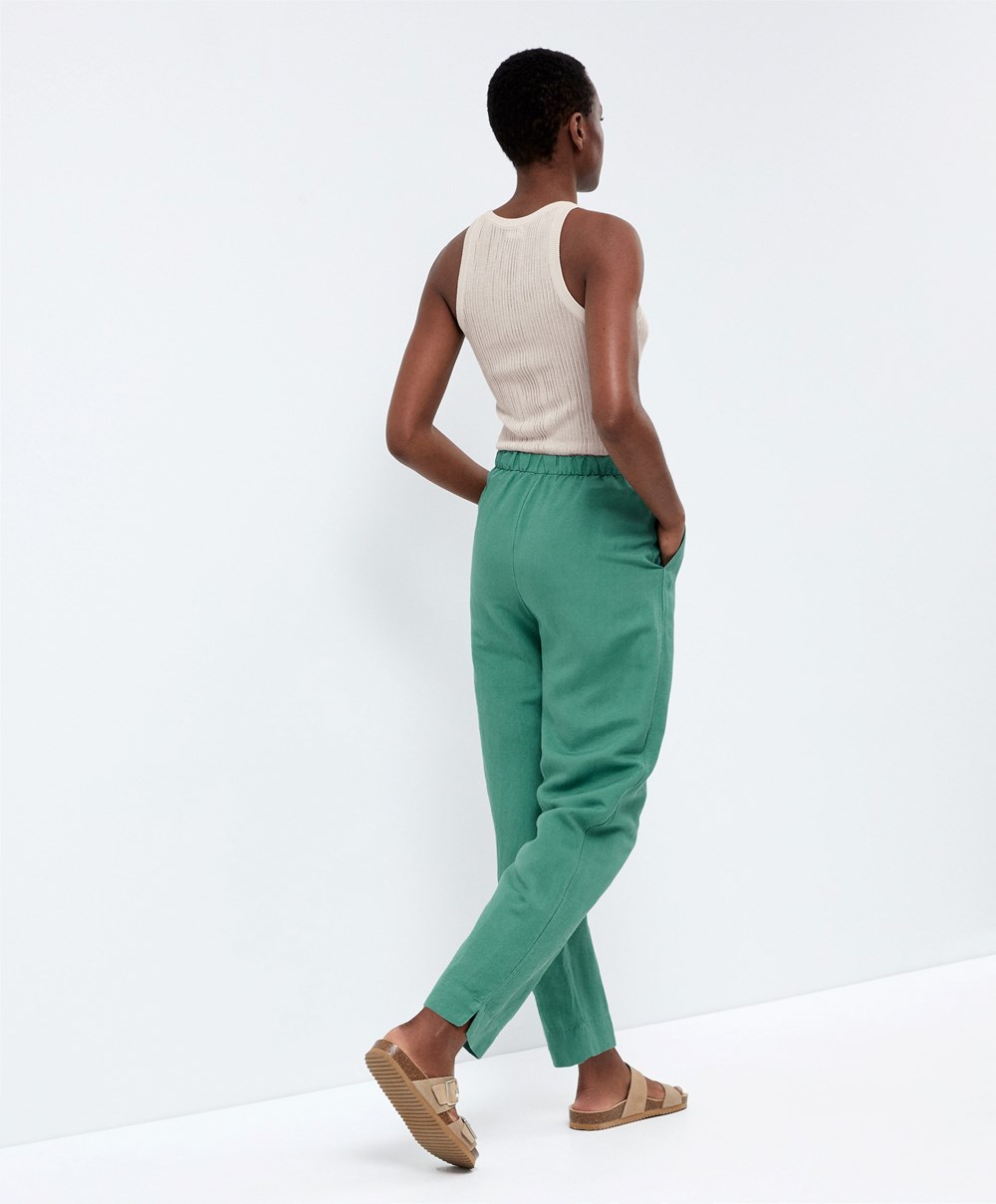 Oysho Slim Fit Linen Trousers πρασινο | HCWJVL-172