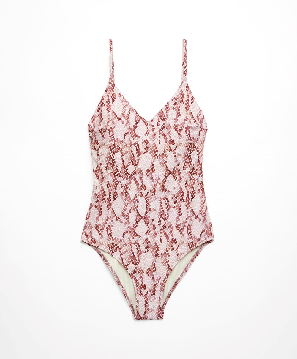 Oysho Snake Print V-neck Swimsuit ροζ | CMVONY-564