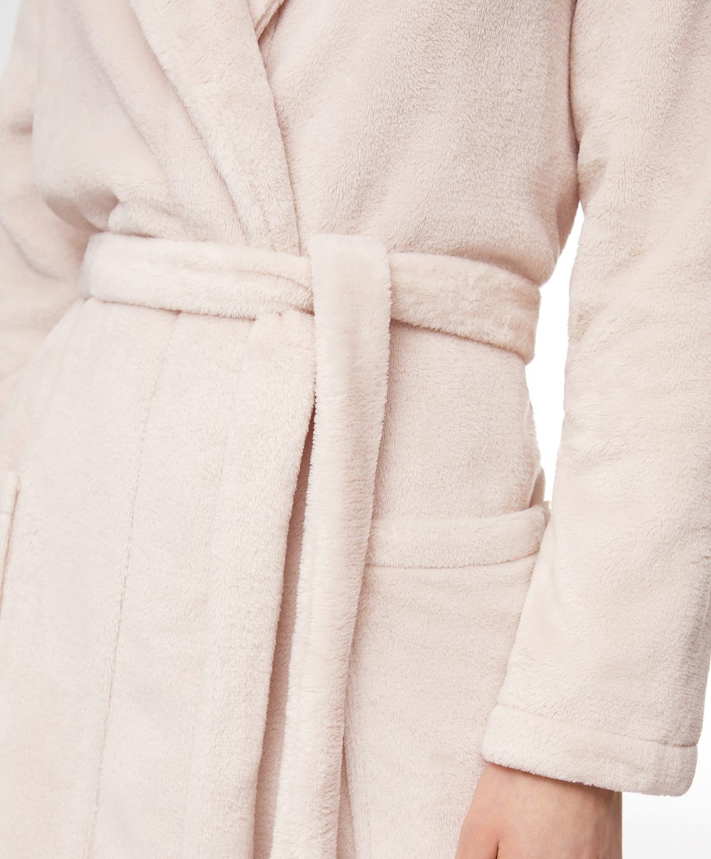 Oysho Soft-touch Fleece κοντο Dressing Gown Stone | MULNZW-279