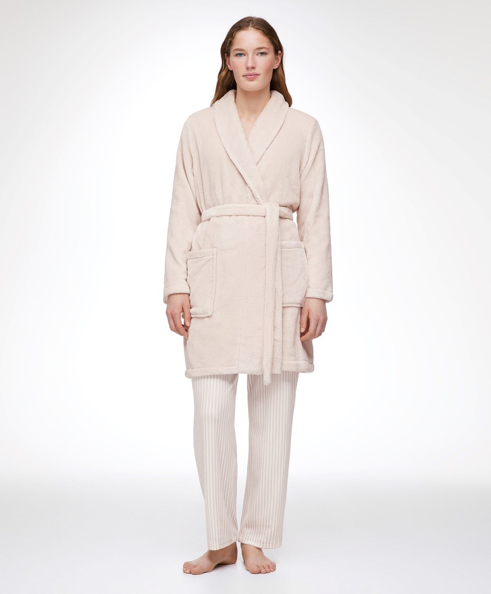 Oysho Soft-touch Fleece κοντο Dressing Gown Stone | MULNZW-279