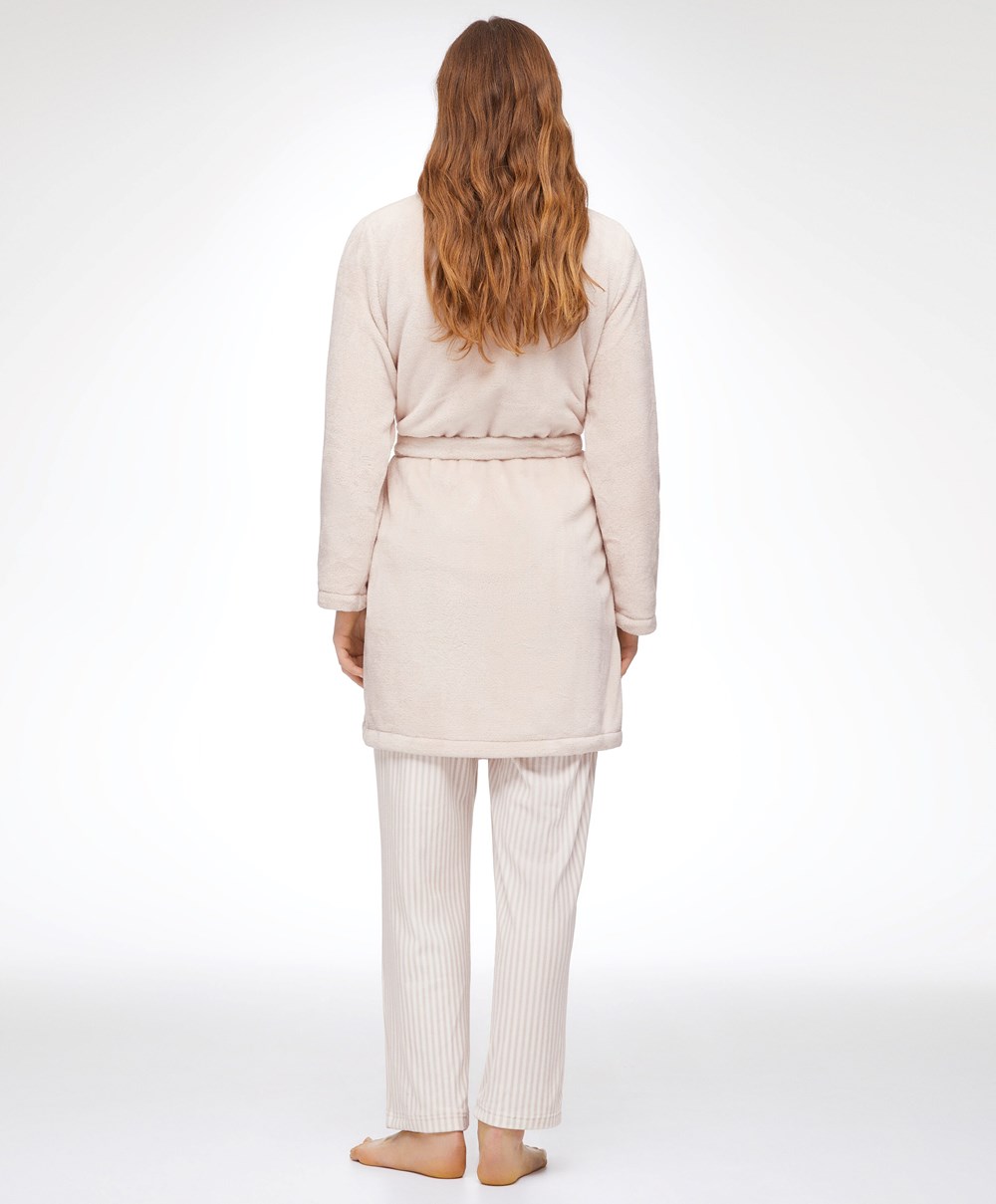 Oysho Soft-touch Fleece κοντο Dressing Gown Stone | MULNZW-279