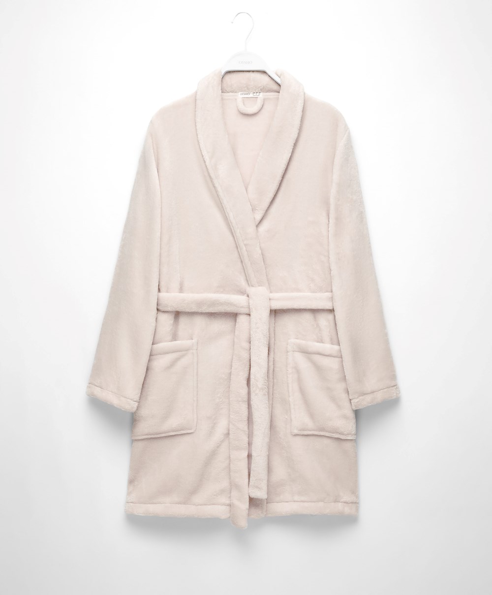 Oysho Soft-touch Fleece κοντο Dressing Gown Stone | MULNZW-279