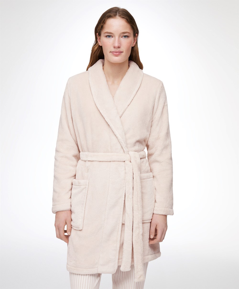 Oysho Soft-touch Fleece κοντο Dressing Gown Stone | MULNZW-279