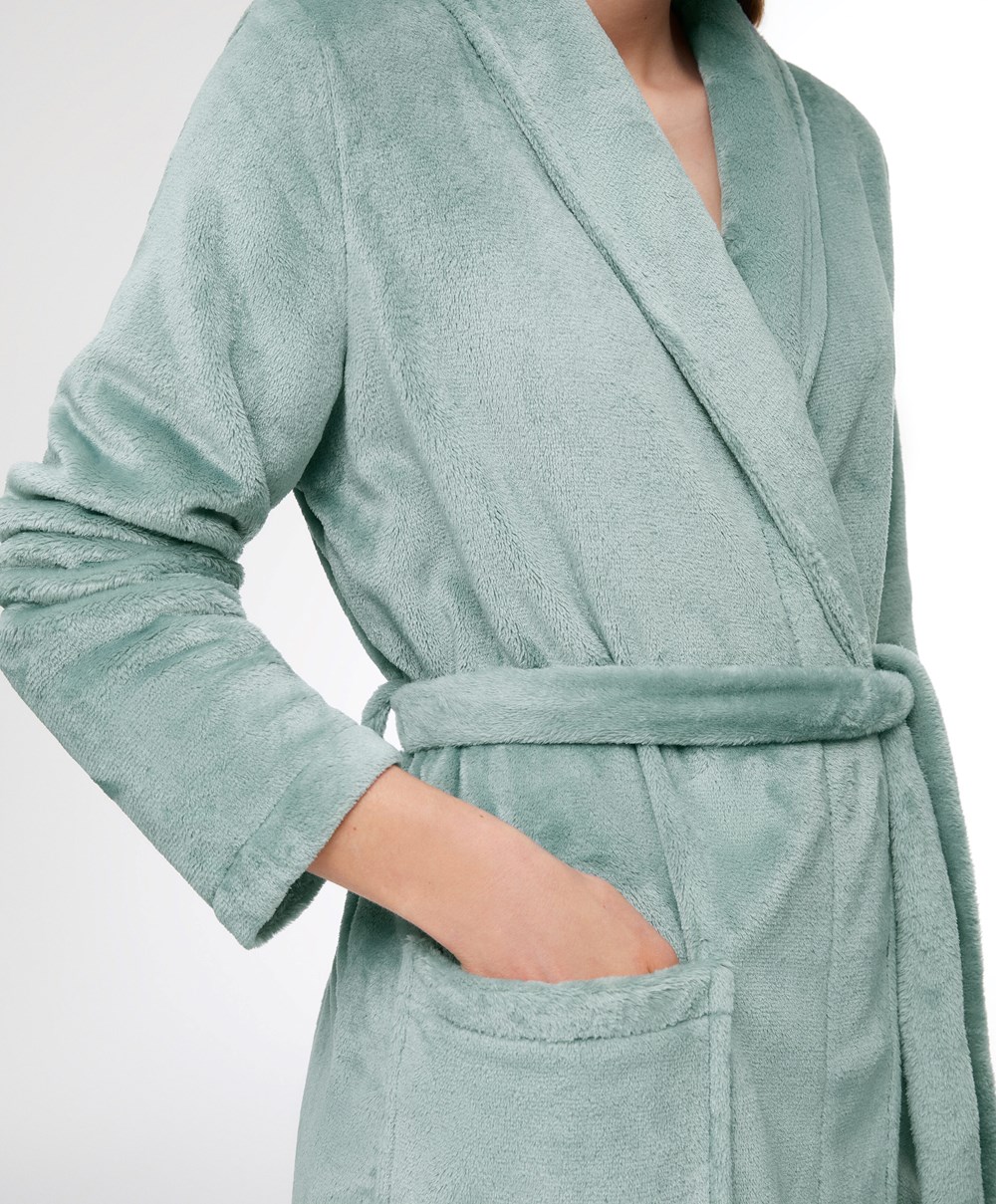 Oysho Soft-touch Fleece κοντο Dressing Gown τυρκουάζ πρασινο | QAFCTZ-249