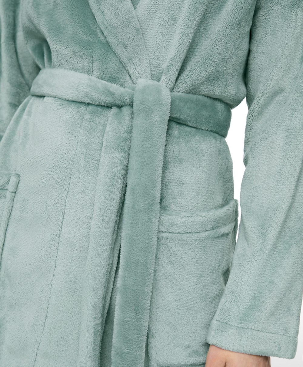 Oysho Soft-touch Fleece κοντο Dressing Gown τυρκουάζ πρασινο | QAFCTZ-249