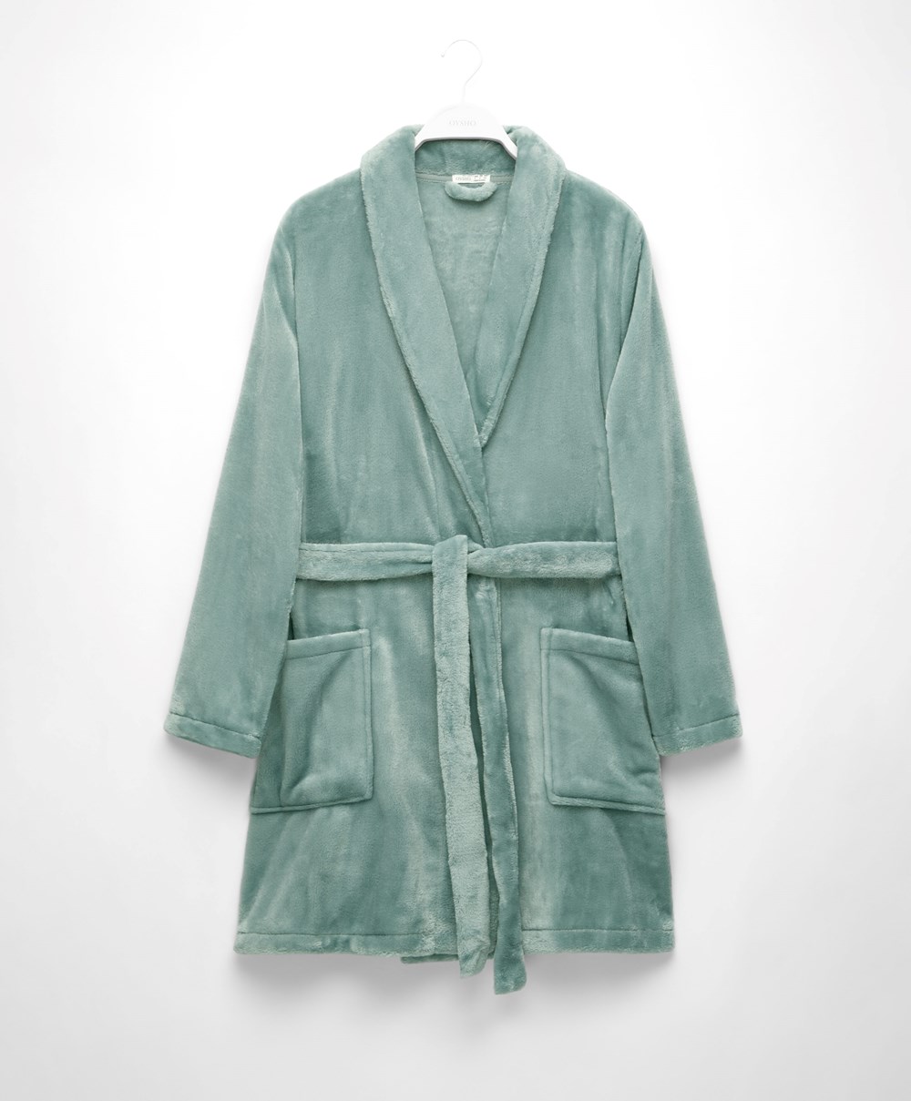 Oysho Soft-touch Fleece κοντο Dressing Gown τυρκουάζ πρασινο | QAFCTZ-249