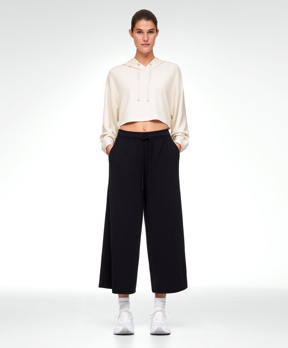 Oysho Soft-touch Modal Cropped φαρδια-leg Trousers μαυρα | YCWSRK-186