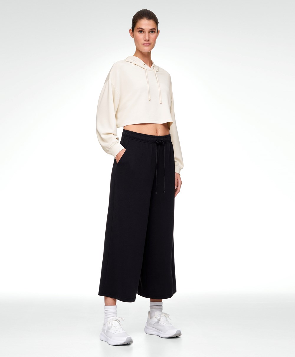 Oysho Soft-touch Modal Cropped φαρδια-leg Trousers μαυρα | YCWSRK-186