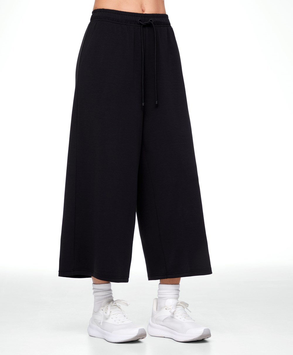 Oysho Soft-touch Modal Cropped φαρδια-leg Trousers μαυρα | YCWSRK-186