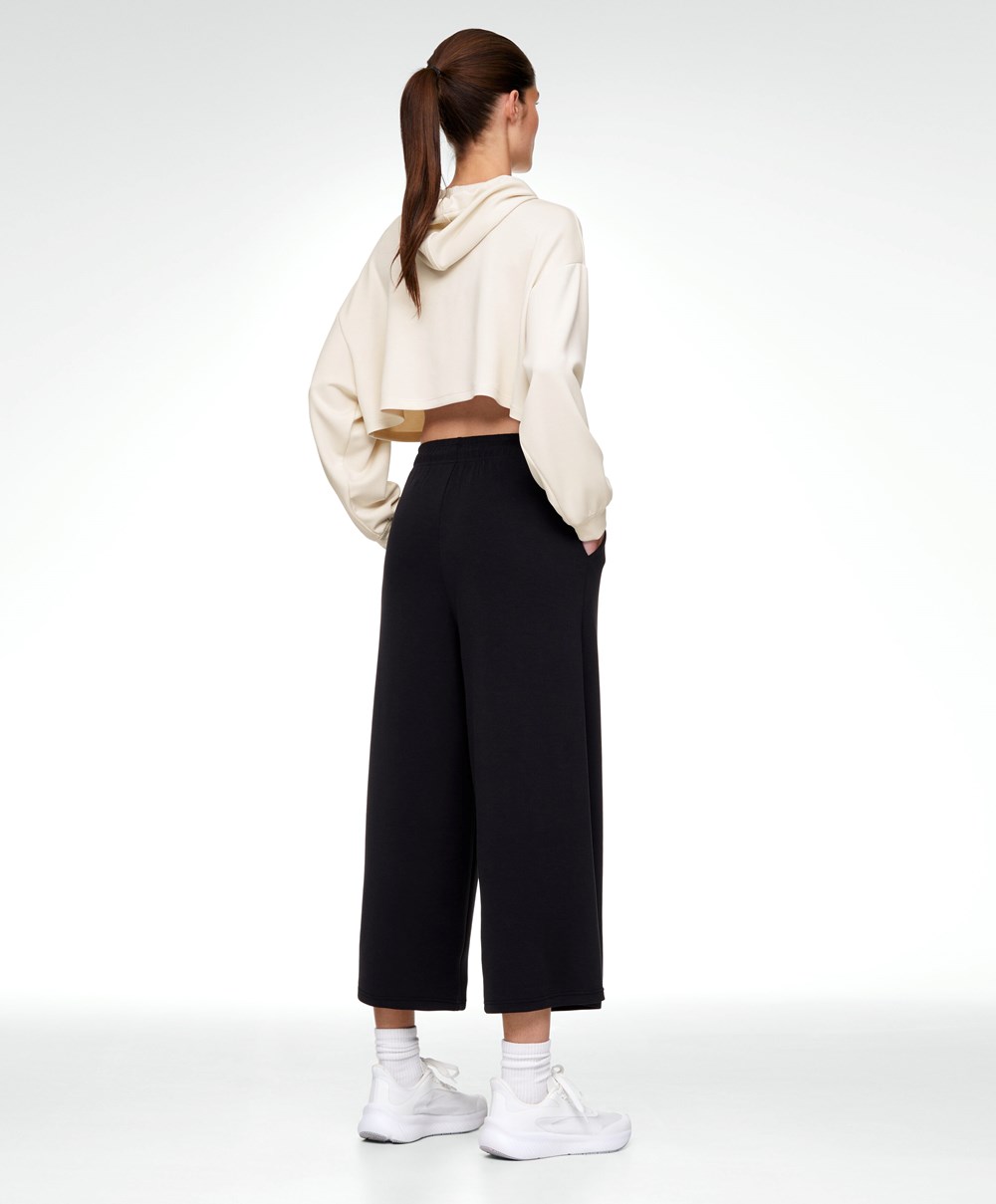 Oysho Soft-touch Modal Cropped φαρδια-leg Trousers μαυρα | YCWSRK-186