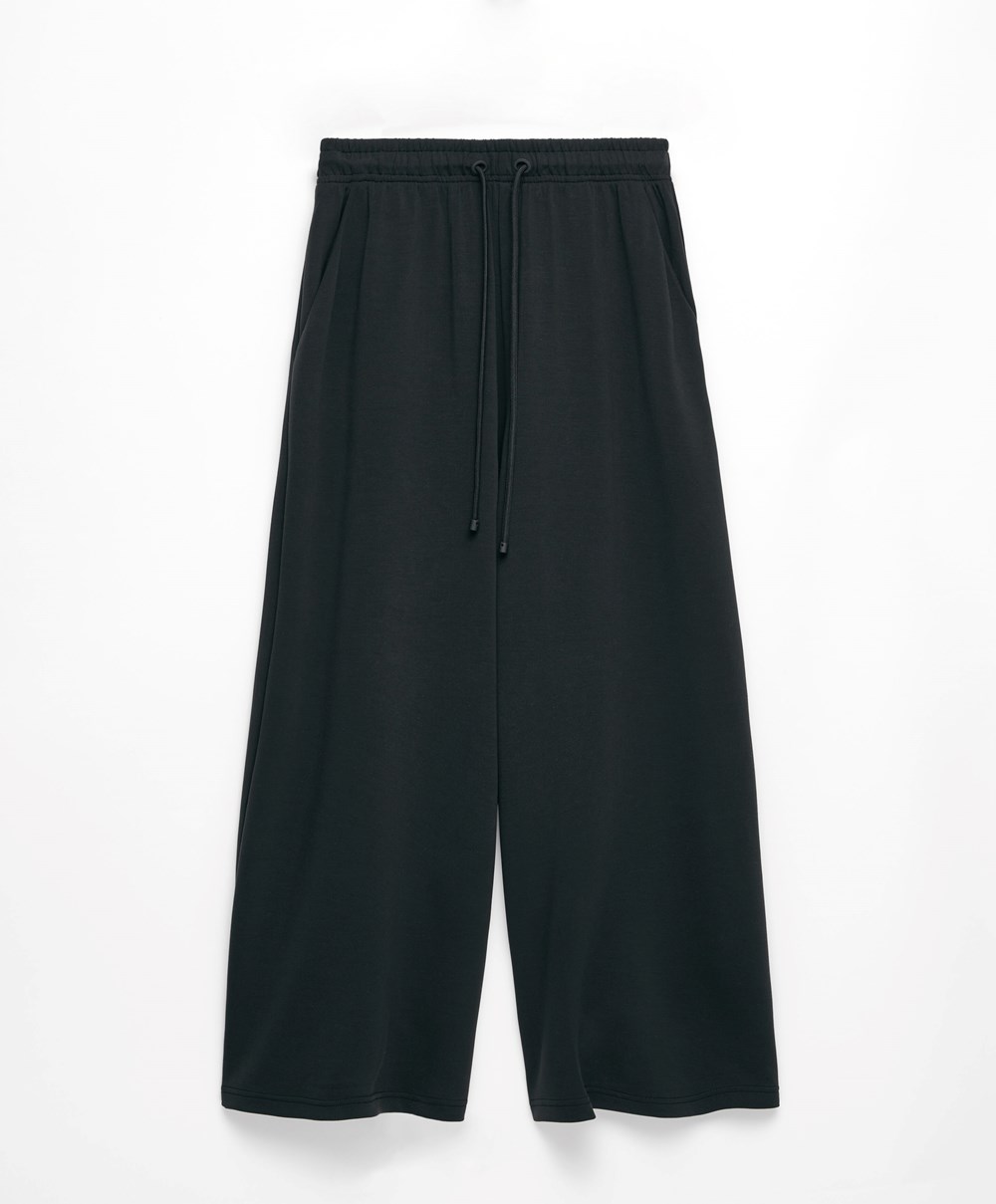 Oysho Soft-touch Modal Cropped φαρδια-leg Trousers μαυρα | YCWSRK-186