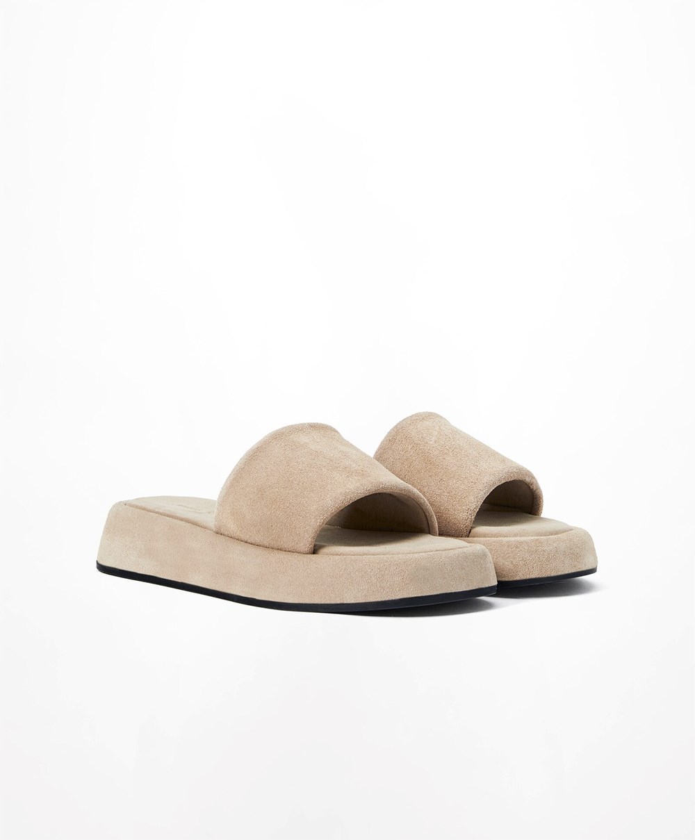 Oysho Split-leather flatforms Slides Sand | XRLWVQ-512