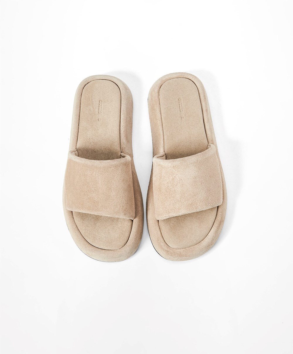 Oysho Split-leather flatforms Slides Sand | XRLWVQ-512