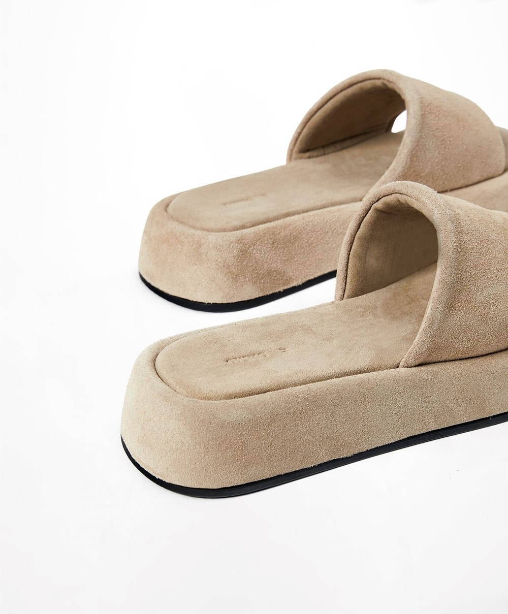 Oysho Split-leather flatforms Slides Sand | XRLWVQ-512