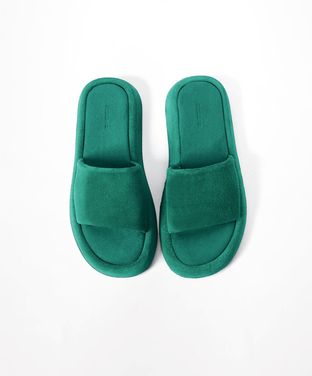 Oysho Split-leather flatforms Slides πρασινο | UDQXRA-967