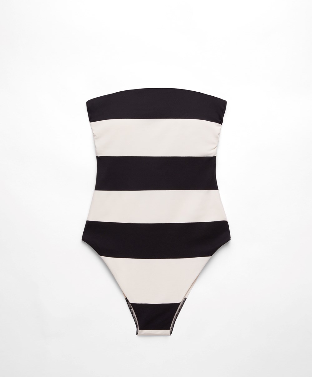 Oysho Stripe Piqué Bandeau Swimsuit μαυρα | DRQBKT-743