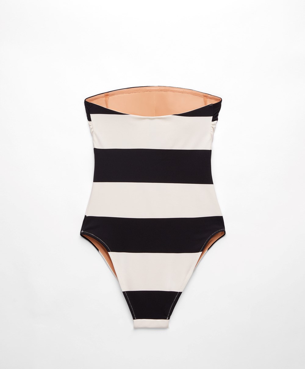 Oysho Stripe Piqué Bandeau Swimsuit μαυρα | DRQBKT-743