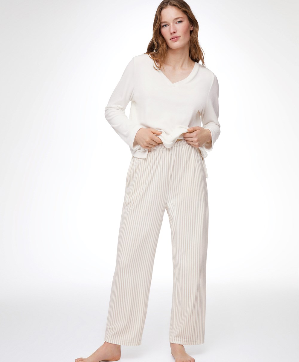 Oysho Stripe Velour Trousers Stone | VKNZET-250