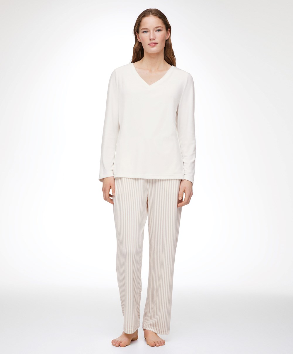 Oysho Stripe Velour Trousers Stone | VKNZET-250