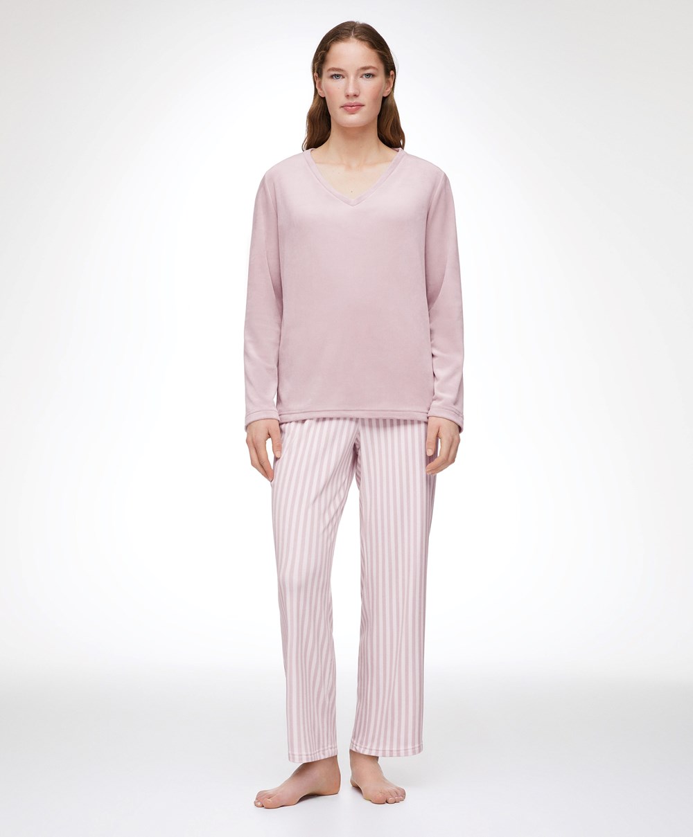 Oysho Stripe Velour Trousers ροζ | VOBARF-214