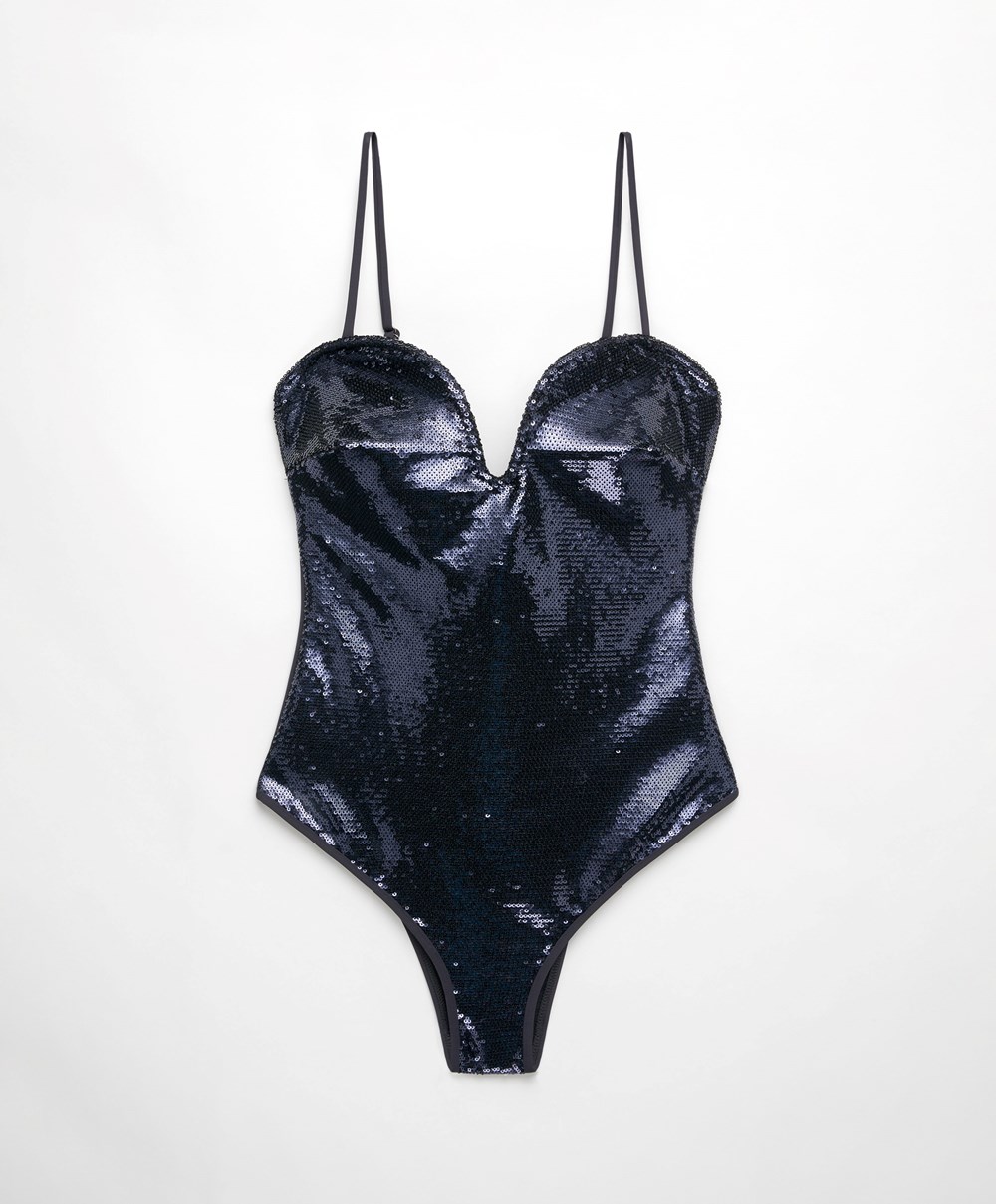 Oysho Sweetheart Neckline Sequin Swimsuit μπλε | ZONIQJ-317