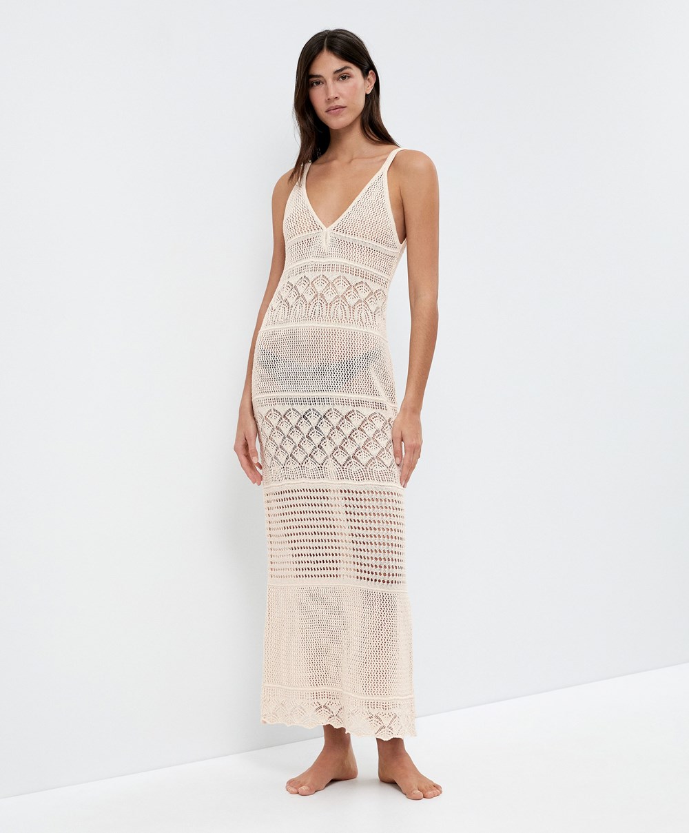 Oysho Textured Crochet Long φορεμα Sand | ZPTHQC-654