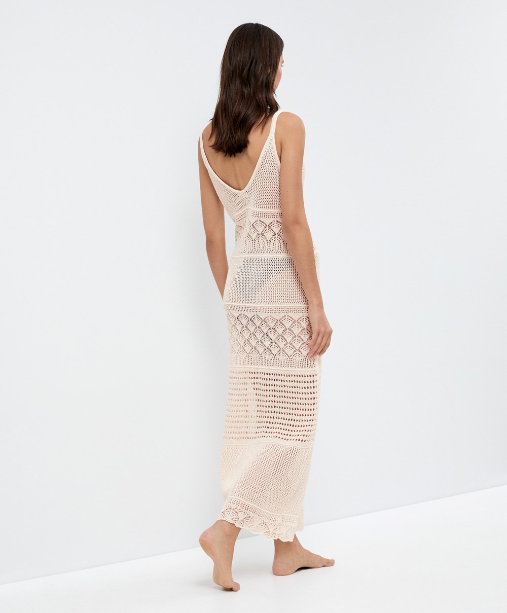 Oysho Textured Crochet Long φορεμα Sand | ZPTHQC-654