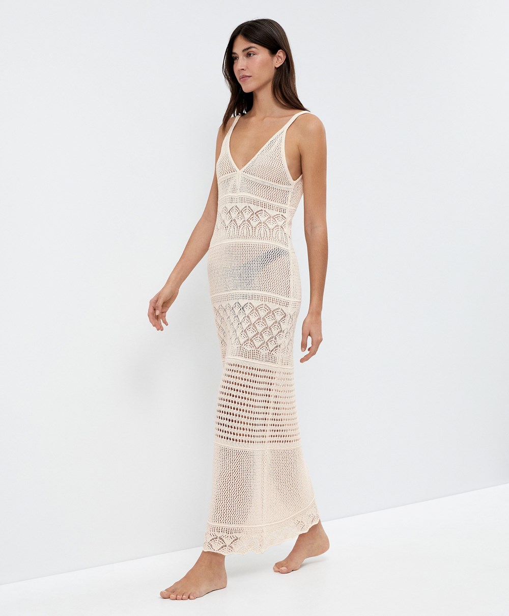 Oysho Textured Crochet Long φορεμα Sand | ZPTHQC-654