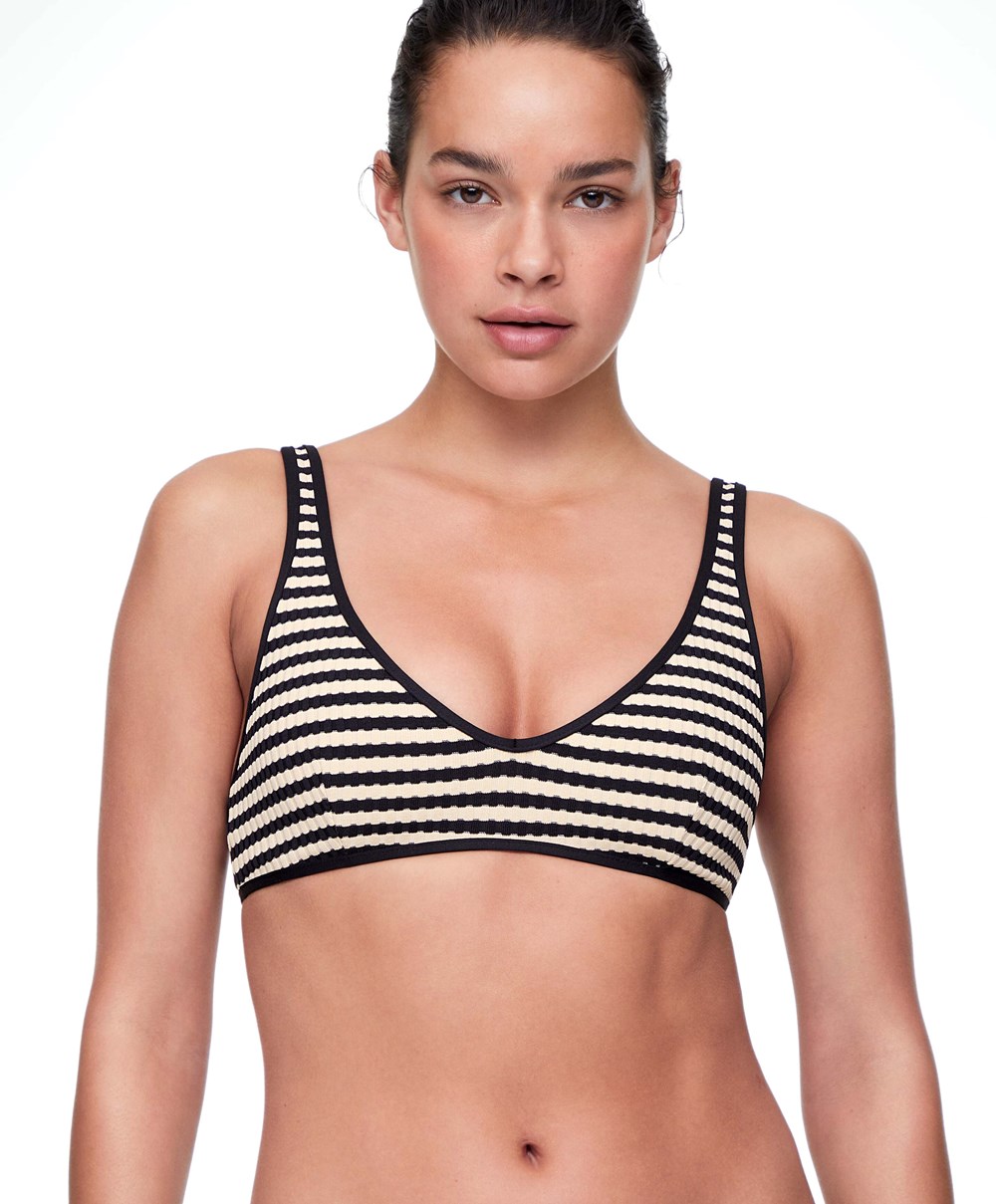 Oysho Textured Stripe Halter Μπικίνι Top μαυρα | NDVQPB-436