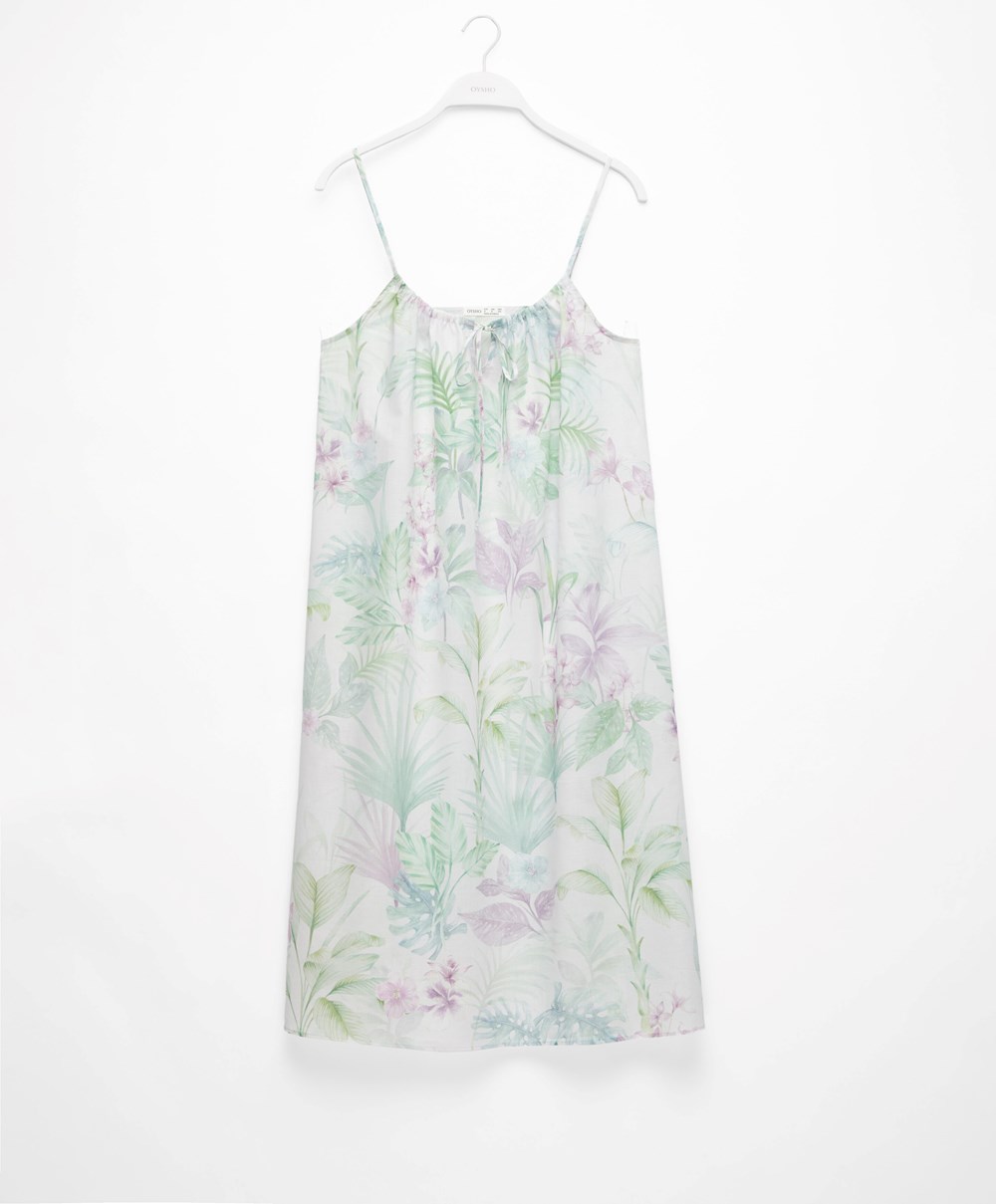 Oysho Tropical 100% βαμβακερα strappy Midi Nightdress Soft Mauve | FWRDUY-942